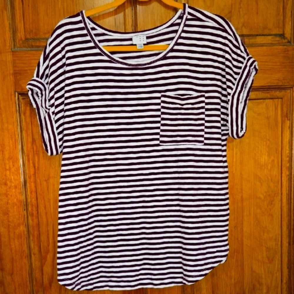 ANDEAWY Casual Striped Short Sleeve Top - Burgandy and White